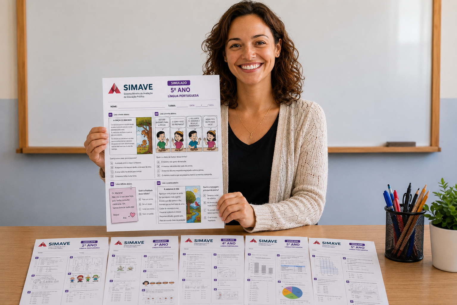 Professora com materiais preparatórios para o SIMAVE